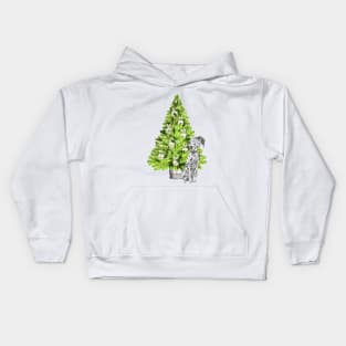 Dalmatian Christmas scene with Christmas Tree and Santa Hat Kids Hoodie